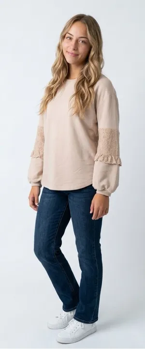 Anthropologie Blush Pink Sweatshirt with Eyelet Lace Sleeves thumbnail 1
