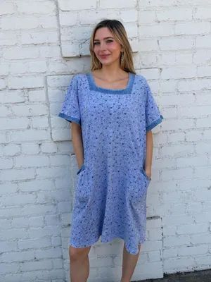 Vtg Blue floral print dress with pockets and denim trim sz XL- in fair condition #boho #cottagecore #summer #beach thumbnail 2