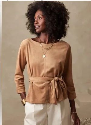 Banana Republic Black Belted Suede Top Womens M Office Fall Staple Work Attire thumbnail 1