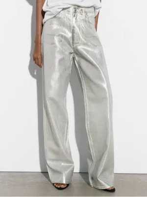 Zara TRF Metallic Silver Painted High Rise Wide Leg Women’s Jeans thumbnail 2
