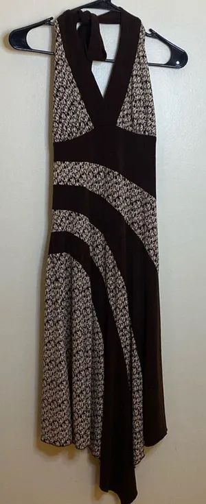 Brown and Tan Abstract Flowy Midi Dress thumbnail 1