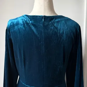 Baltic Born Deep Blue Velvet Long Sleeve Dress Deep V neck Elegant Midi Medium thumbnail 5