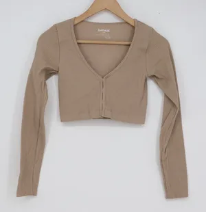 Garage Women Tan Ribbed V-Neck Long Sleeve Crop Top Beige XS thumbnail 1