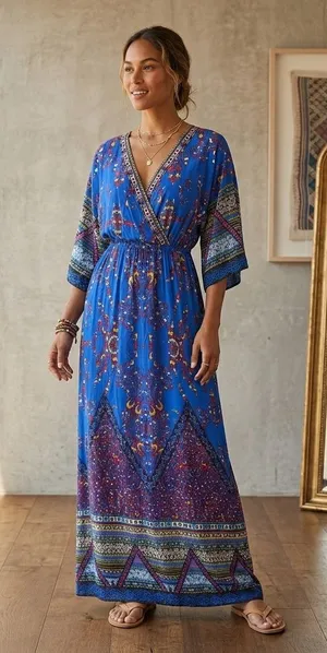 Flying Tomato V Neck Boho Aztec Festival Bold Whimsical Maxi Dress Size Medium. thumbnail 1