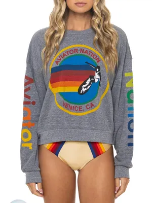 Aviator Nation relaxed graphic crewneck sweater Venice beach in heather grey thumbnail 1