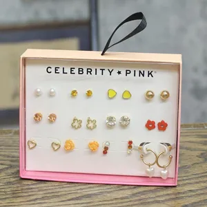 NWT Celebrity Pink 12 Pack Dainty Heart Floral Stud Earrings Gold Multi thumbnail 1