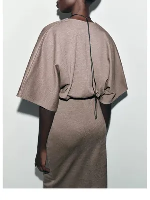 Zara Taupe Kimono-Sleeve Midi Dress with Black Belt thumbnail 4