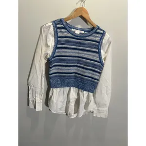 Veronica Beard Esphera Top‎ Small Blue White Striped Mixed Media Layered Knit thumbnail 2