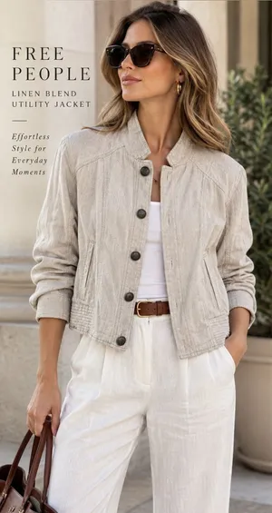 Free People Linen Blend Beige Utility Jacket Size XS thumbnail 1