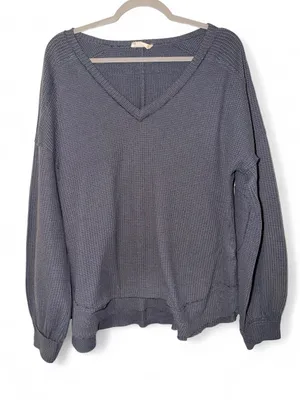 Waffle Knit V-Neck Altar'd State Medium Grey Top thumbnail 1