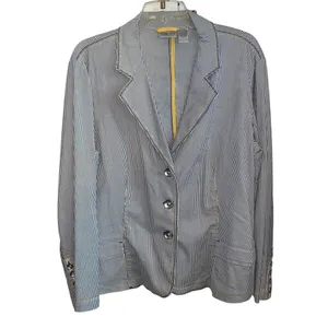 Chico's Seersucker Striped gray white yellow Yachtie Blazer coastal classic thumbnail 3