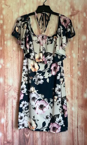 Venus Navy Blue Halter Pink Floral Flounce Top Mini Dress Size L thumbnail 1