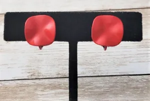 Vintage Clip On Earrings Rounded Pushed in Square Red - Retro Earrings thumbnail 1