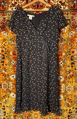 Vintage 100% Silk Black Cream Polka Dot Flutter Sleeve Midi Dress Size 8 thumbnail 1
