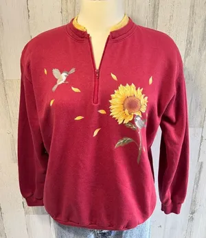 Vintage Fall Sweatshirt sunflower bird Grandma core Medium‎ thumbnail 1