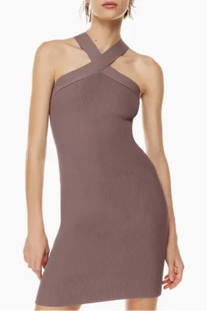 ARITZIA BABATON Sculpt Knit Criss Cross Mini Ribbed Dress Brown Size Large‎ thumbnail 1