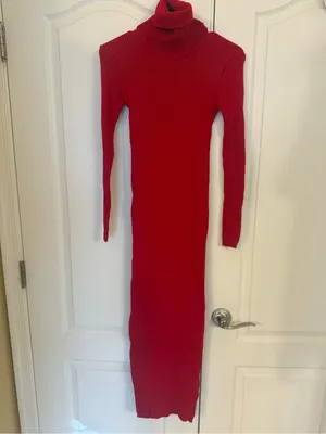 Red Ribbed Turtleneck Knit Dress - Women thumbnail 2