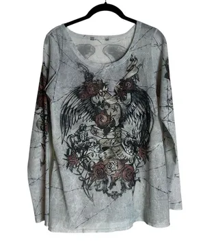 Rock & Republic Womens Y2K Mesh T-Shirt Gray Cross Angel Wings Tattoo Sleeve Grunge Size Med thumbnail 1