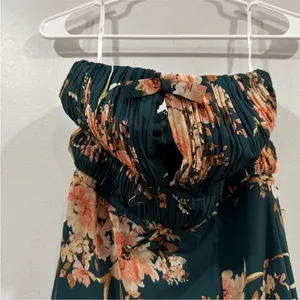 Lulus Enchanting Garden Emerald Floral Cutout Bow Strapless Maxi Dress Green XS thumbnail 2