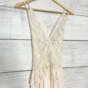 Vintage Sheer Cream Lace & Pink Satin V-Neck Lingerie Dressing Gown Size Medium thumbnail 3