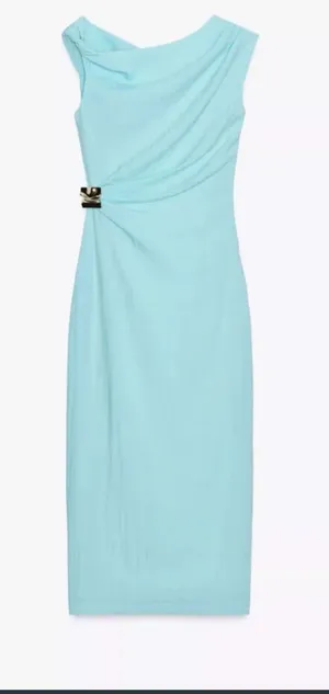 Zara Light Aqua Sheath Dress with Side Drape thumbnail 1