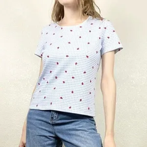 Vintage Blue & White Gingham Ladybug Picnic Pattern Scoop Neck Tshirt Size S thumbnail 4