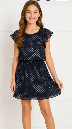 Mimi Chica Navy & White Polka Dot Flutter Sleeve Blouson Dress Size XS thumbnail 1