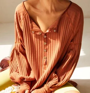 NWT Free People Movement Bella Layer Ribbed Henley Top Spiced Copper Generous XS thumbnail 1