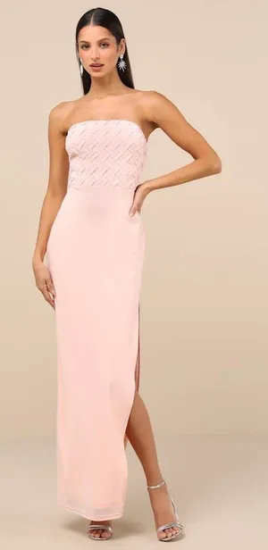 NWT Lulus Stunning Concept Light Pink Mesh Rhinestone Strapless Maxi Dress Sz M thumbnail 1