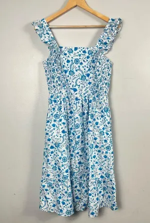 Draper James Flutter Ruffle Strap Midi Dress Blue Floral Paisley Cottagecore med thumbnail 2