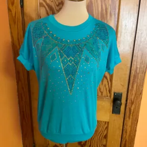 Vintage 80s Teal Gold Glitter Geometric Graphic Top Metallic Print Shirt thumbnail 7