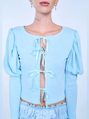 NWT Allina Liu Mitski Pointelle‎ Cardigan Baby Blue Tie Front Womens Size XXS thumbnail 1