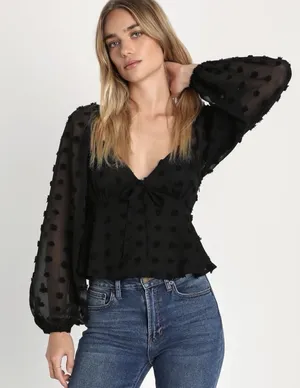 Lulu's Blouse XL‎ Cropped Black Clip Dot Balloon Sleeves Halter Babydoll #AA9-1 thumbnail 1