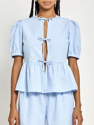 NWT Few Moda Una Set size XS Blue white gingham plaid shorts tie front top Kourt thumbnail 6