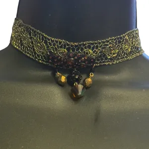 Vintage metallic gold lace choker necklace with crystal dangles thumbnail 1