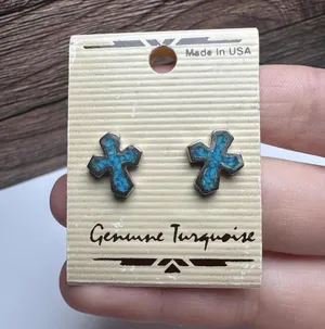 Genuine Turquoise Blue Cross Silver Tone Pierced Stud Earrings NWT Made In USA thumbnail 2