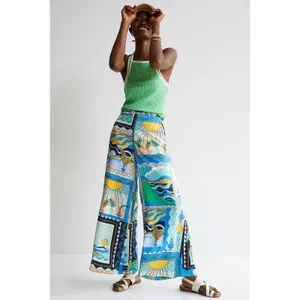 Maeve Anthropologie Sunshine Wide-Leg Pants Blue Tropical Scarf Print Size 4 thumbnail 2