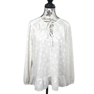 Loft Women White Blouse Size L Swiss Dot Embroidered Lace Up Boho Ruffle Tunic Top thumbnail 2