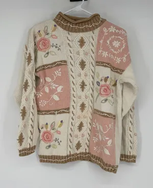 Vintage Floral Embroidered Cable Knit Sweater Cream‎ Pink Small Cottage thumbnail 1