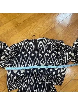 Zara Printed Midriff Cutout Brown Cream Ikat Tribal Puff Sleeve Maxi Dress Sz S thumbnail 13