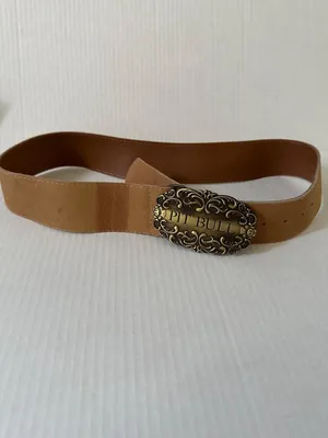 Vintage Pit Bull Leather Belt Antique Brass Buckle Tan Western Cowboy Unisex 40" thumbnail 2
