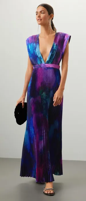 L'IDÉE Printed Gala Gown Pleated Deep Sea Blue Purple Tie Dye Maxi Dress 8 thumbnail 1