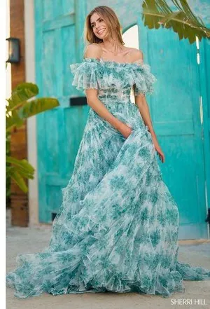 Sherri Hill 56128 Green Print Ruffle Off the Shoulder Gown Sz 6 NWOT thumbnail 1