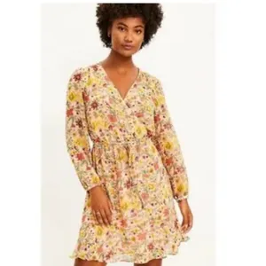 Loft Long Sleeve Floral Wrap Mini Dress Pink Fall Wedding Guest‎ XS thumbnail 2