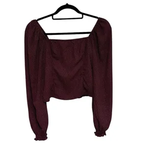 Abercrombie & Fitch Smocked Square Neck Blouse in Burgundy Polka Dot - Size XS thumbnail 3