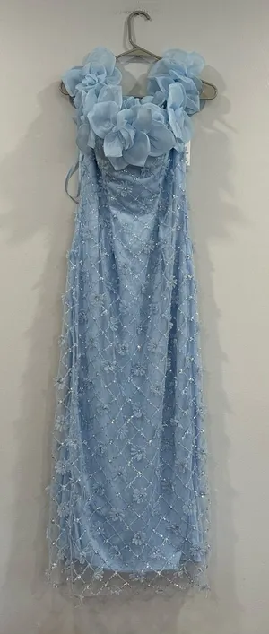 Mac Duggal 21363 Blue Off The Shoulder Embellished Dress With 3D Flower Sz 8 thumbnail 1