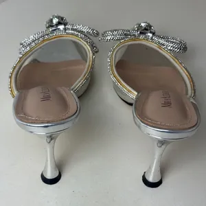 Silver Metallic Clear PVC Crystal Bow Pointed Toe Heels Black Tie Wedding Prom thumbnail 5