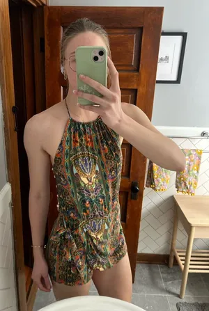 FARM Rio Halter Romper with Multicolor Print and Faux Wrap Skirt thumbnail 1