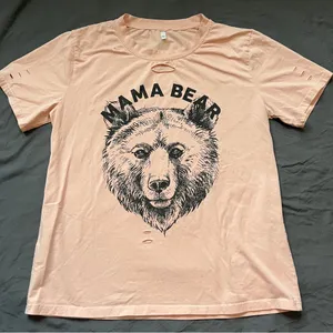 Mama Bear Short Sleeve Shirt Top Women’s Size Large Light Pink Cotton Distressed thumbnail 1