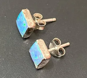 925 Sterling Silver Blue Opal Square Small Stud Earrings thumbnail 6